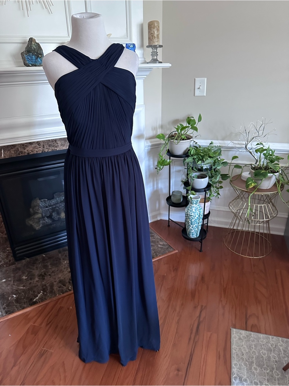 Cross-Strap Navy Maxi Dress with Pleated Bodice